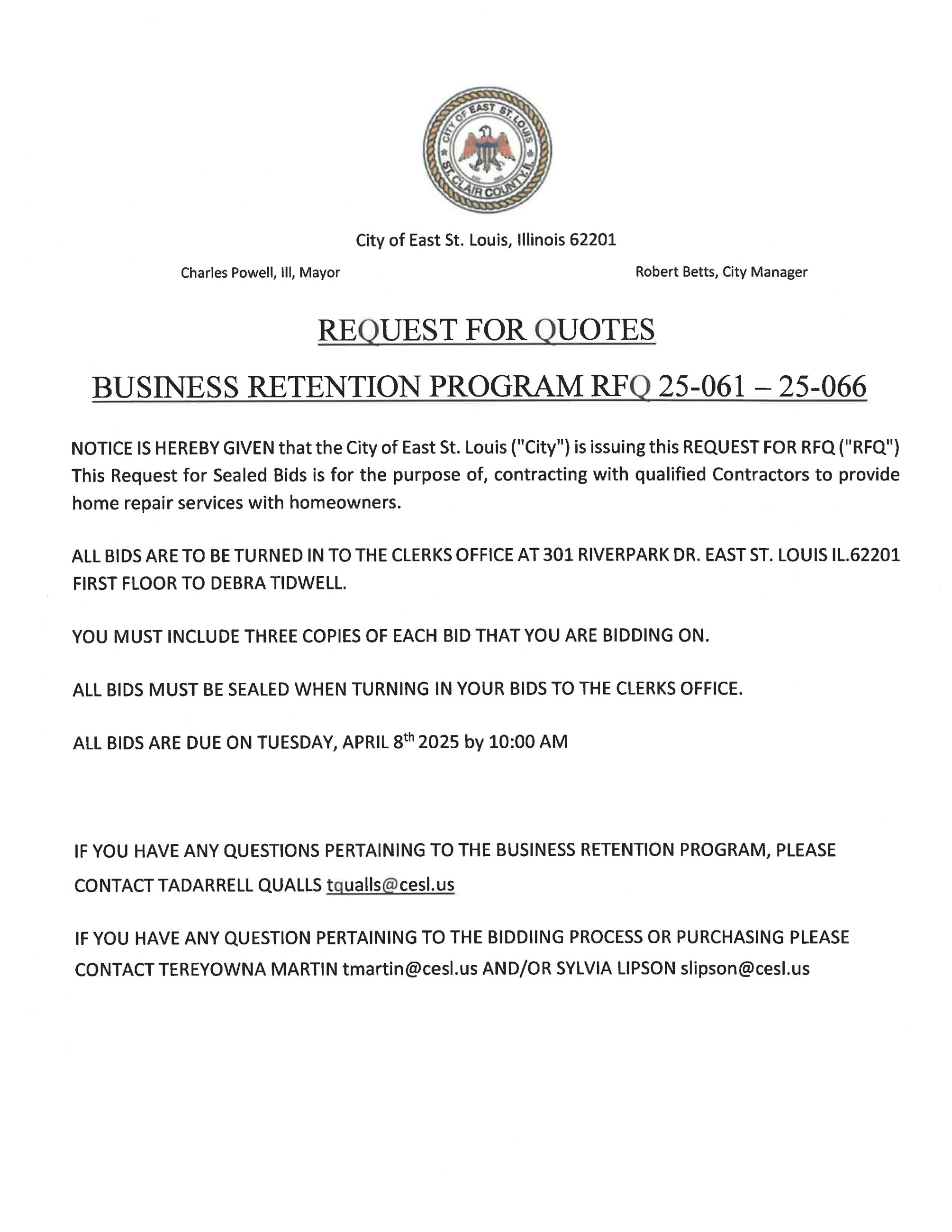 Business Retention Program RFB 25-061 thru 66