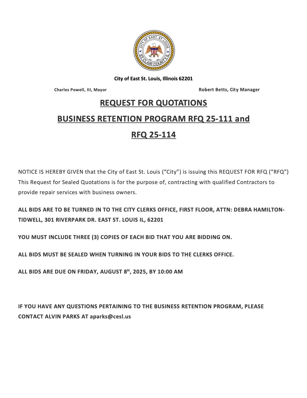 advertisement Business Retention  RFQ 25-111 and RFQ 25-114