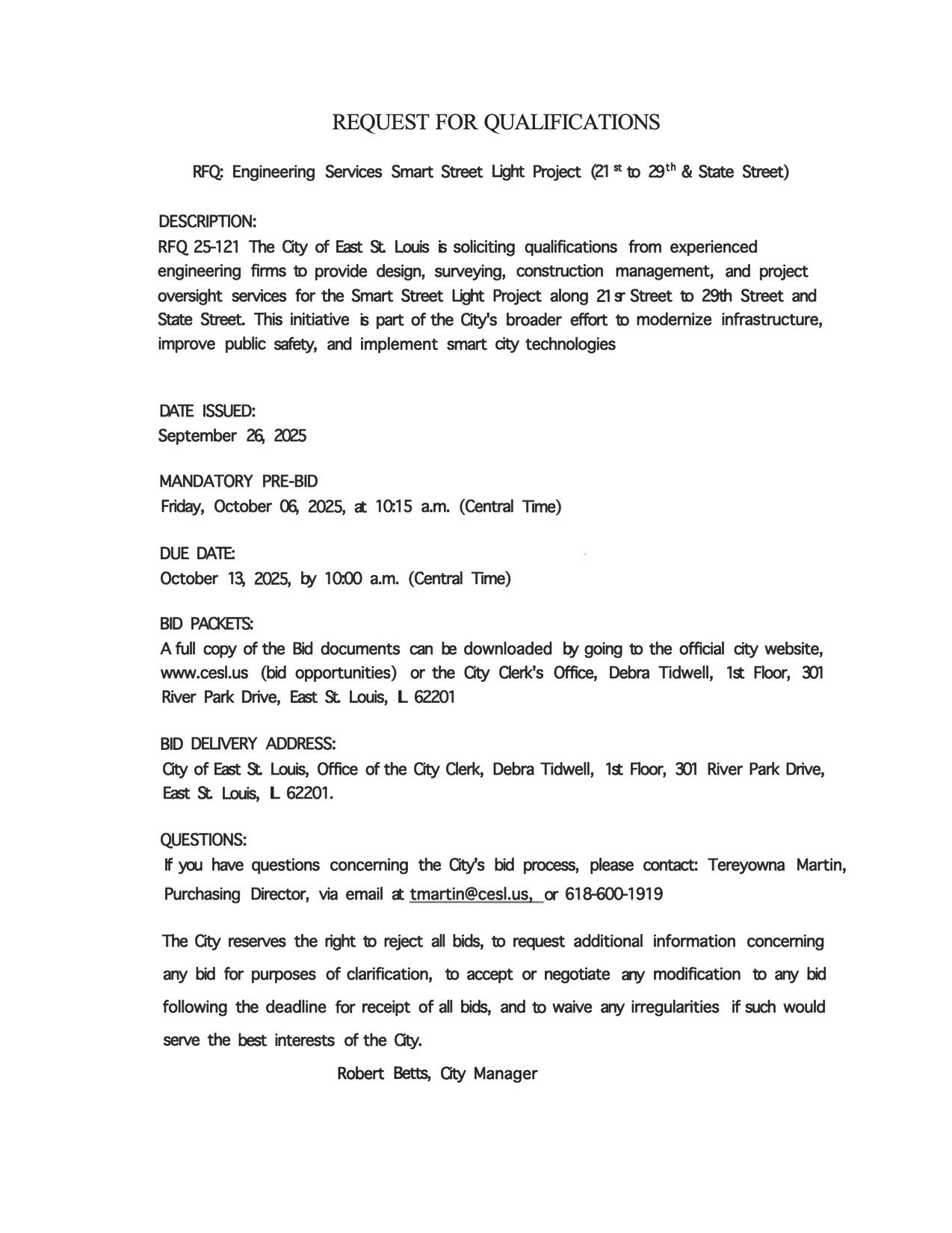 RFQ 25-121 Engineering Services Smart Street Light Project