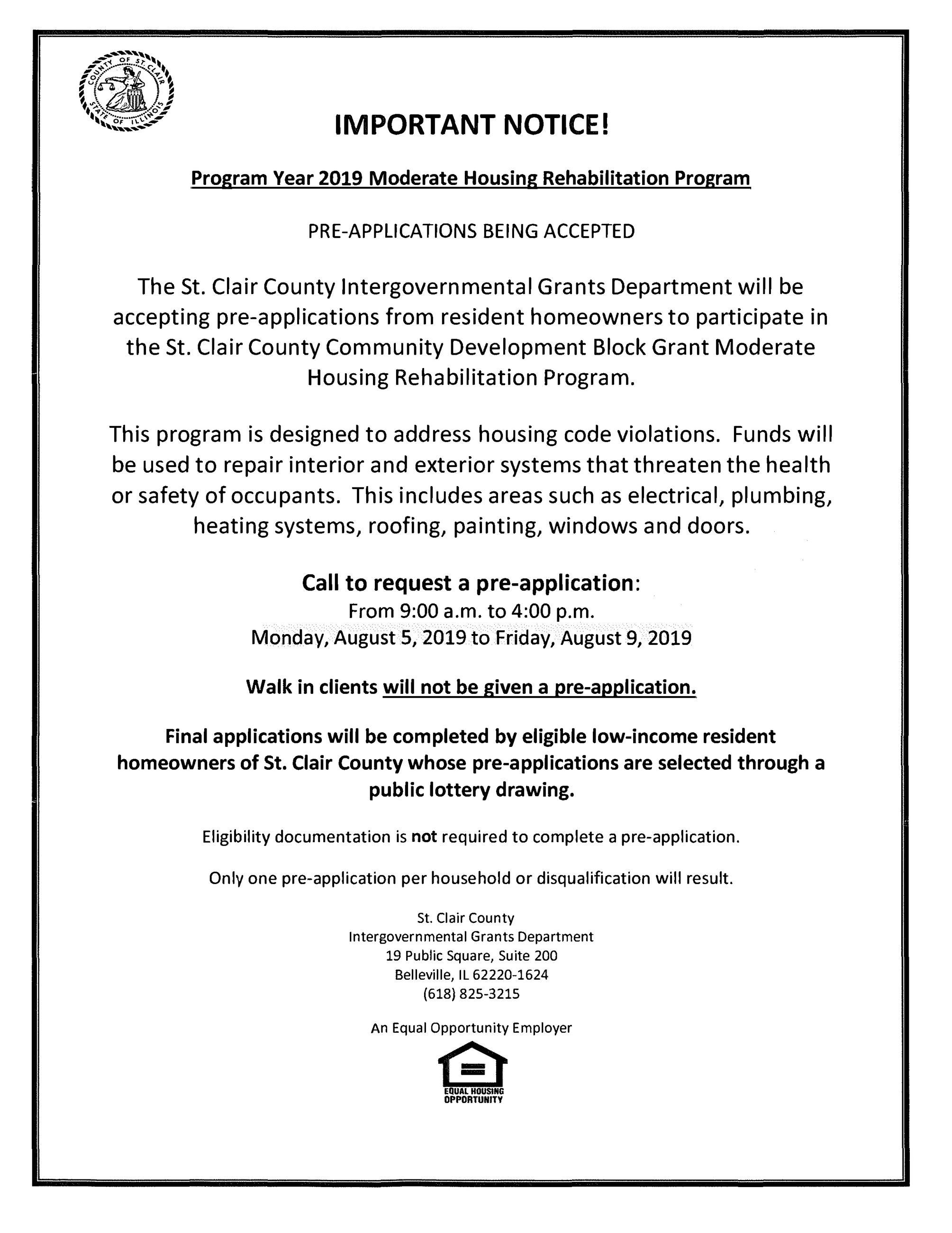 Program Year 2019 Moderate Housing Rehabilitation Program