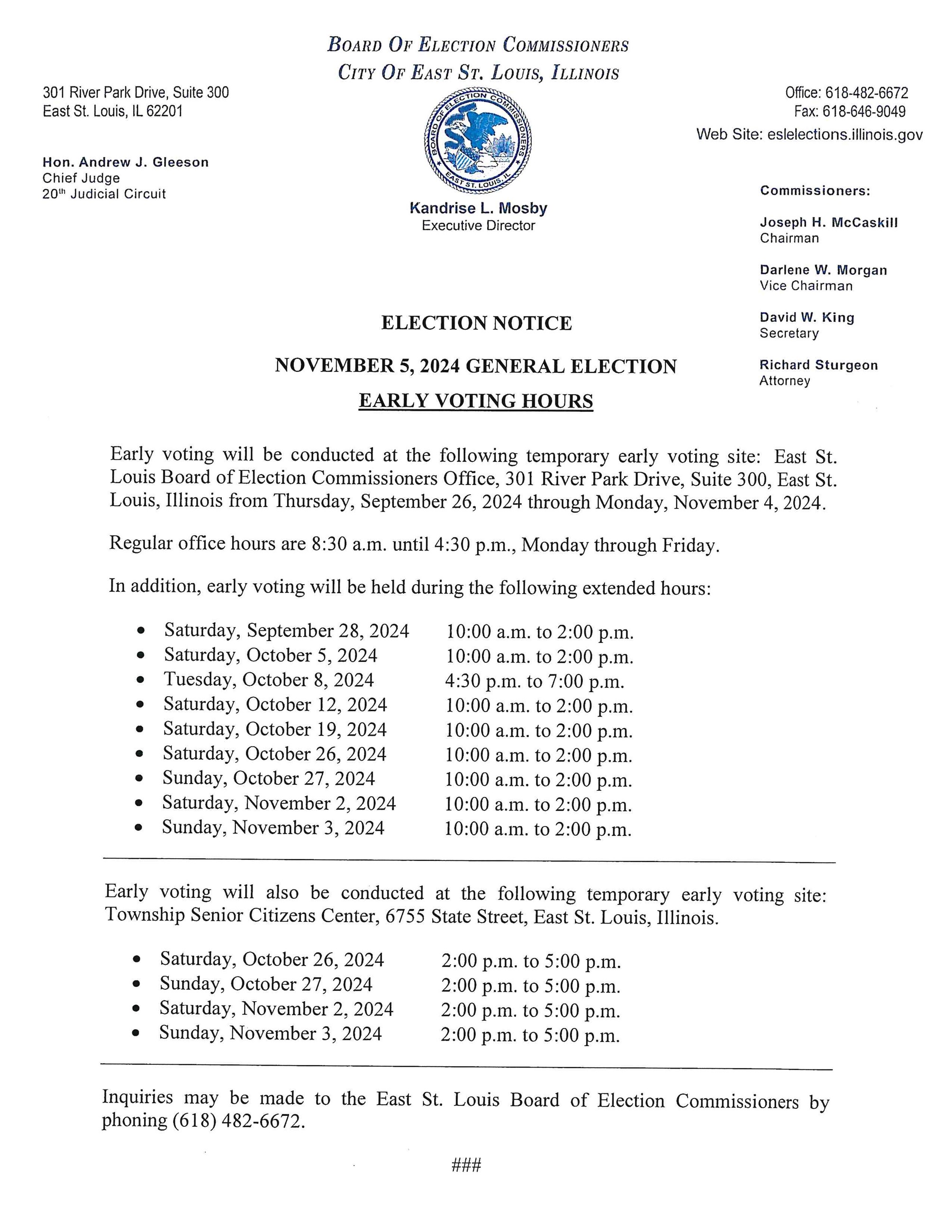 November 2024 Election Early Voting Hours_City of East St. Louis